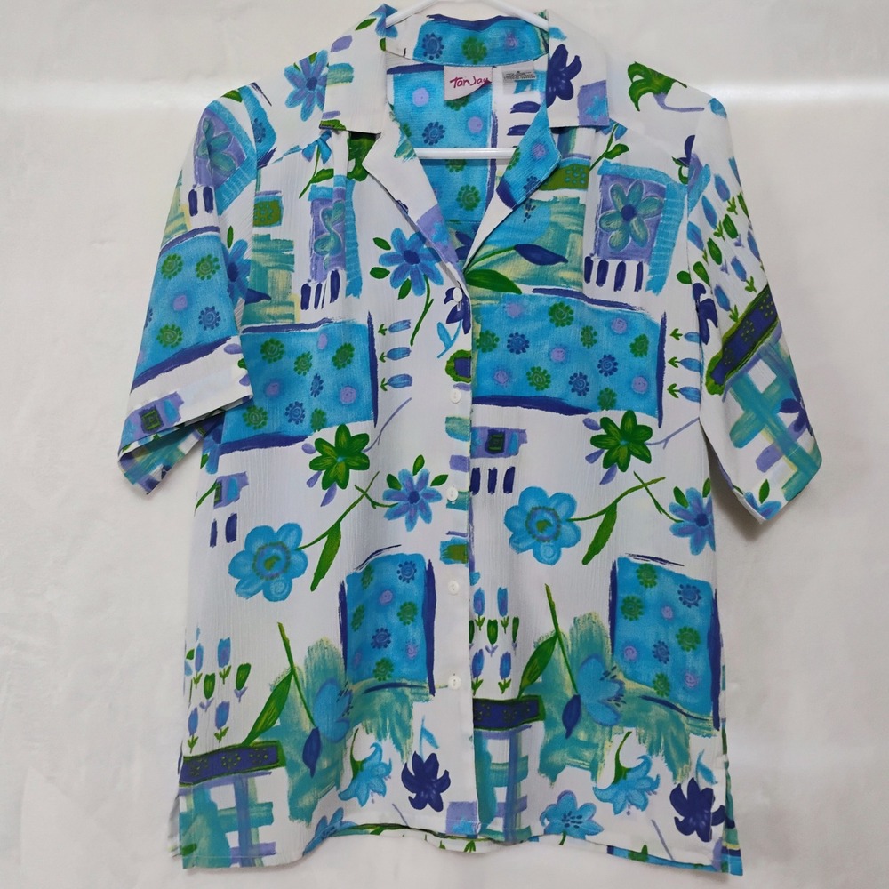 Vtg Tanjay Womens 8 Blue Green Floral Abstract Button Down Shirt Short Sleeve Z